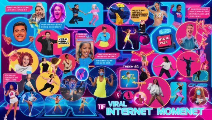 A collage of viral internet trends, including memes, TikTok dances, and popular hashtags.