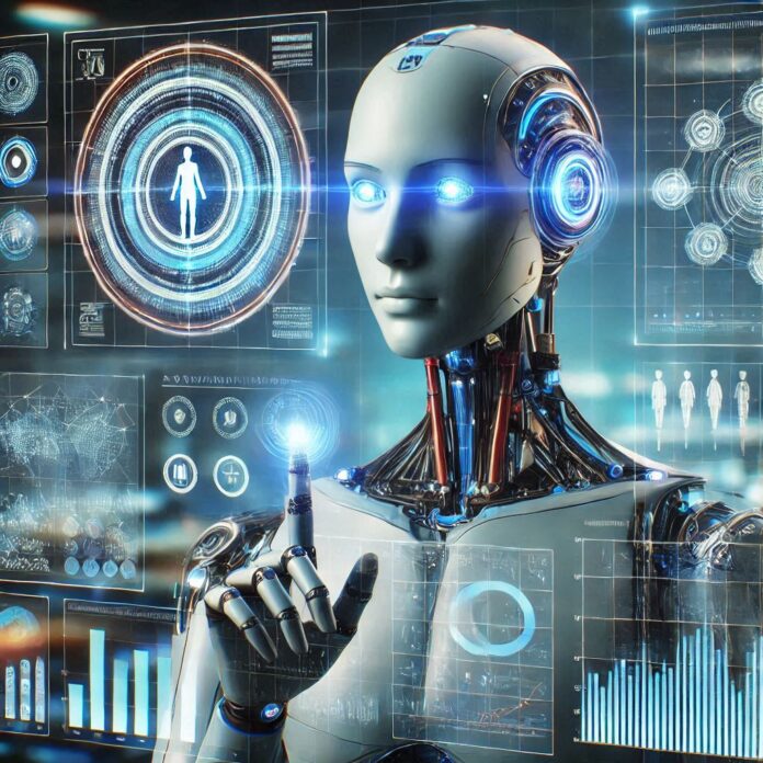 A futuristic AI humanoid with holographic screens displaying data analytics, in a modern tech setting, high-resolution.