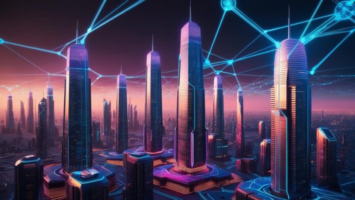 A futuristic skyline with glowing data points connecting buildings.