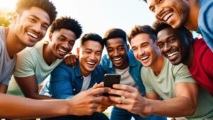 A group of friends sharing something on a phone.