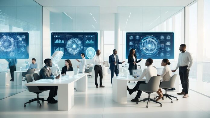 A futuristic office environment with diverse professionals collaborating using advanced technology.