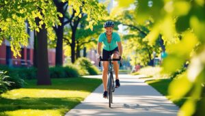 A person riding a bicycle in an urban setting.