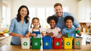 A family practicing recycling at home. Prompt: “A family sorting recyclable items into different bins, with a focus on sustainability.”