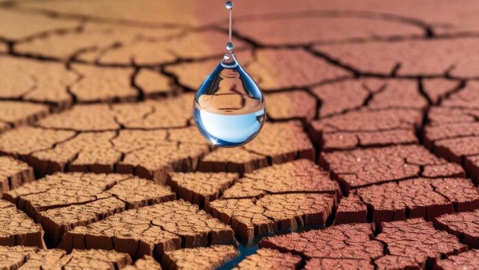 arched, cracked earth surface with a single drop of water falling.