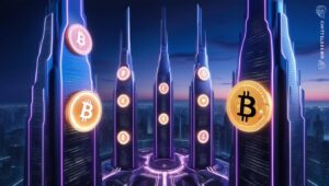 A futuristic cityscape with digital cryptocurrency symbols integrated into the skyline.