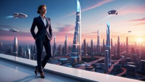 A person standing confidently at the edge of a futuristic city skyline.