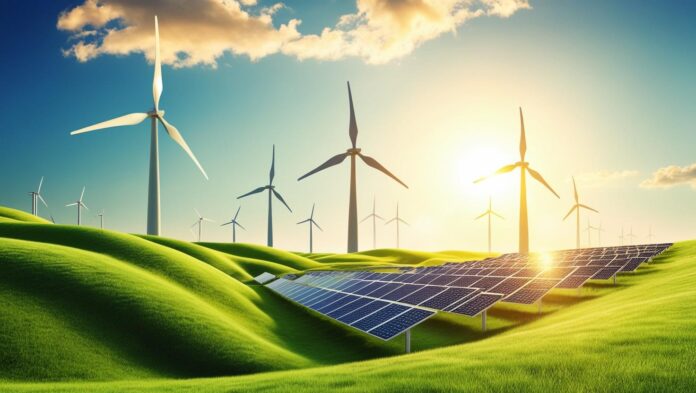 A serene image of green landscapes with wind turbines and solar panels in the background.