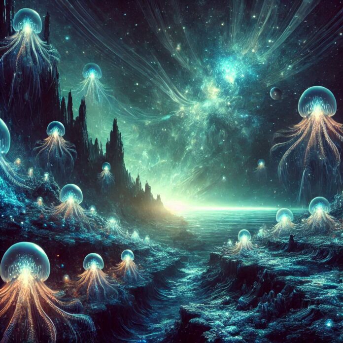 A mysterious deep-sea landscape with glowing marine creatures.