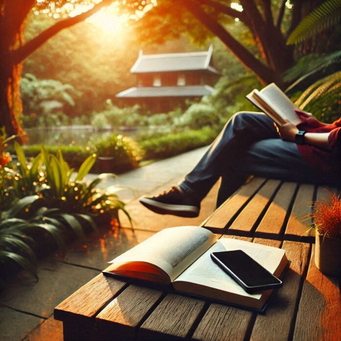 A person sitting peacefully in nature, holding a book, with their phone turned off.