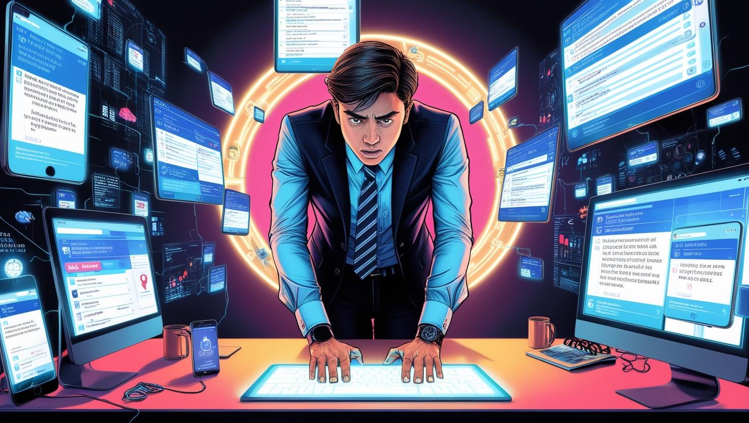 A digital illustration of a stressed professional surrounded by gadgets and notifications, highlighting the impact of the digital revolution.